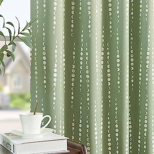 jinchan 95% Blackout Bohemian Moon Phase Print Bedroom Curtains 84 inch Long sage Green Pole Pocket Rear tab Thermal Curtains for Nursery Set 2 Panels