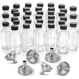 35 Pack, 2 oz Small Clear Glass Bottles w/Lid & 6 Stainless Steel Funnels - 60ml Boston Sample Bottles - Mini Travel Essential or Decorative Bottles for Potion, Juice, Wellness, Ginger Shots, Whiskey