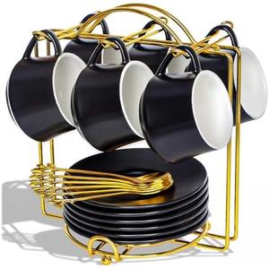 Lareina 3-Ounce Porcelain Espresso Cups Set of 6, Stackable Coffee Cups with Saucers, Spoons and Metal Stand, Ceramic Demitasse Mugs, Espresso Accessories for Machine, Black