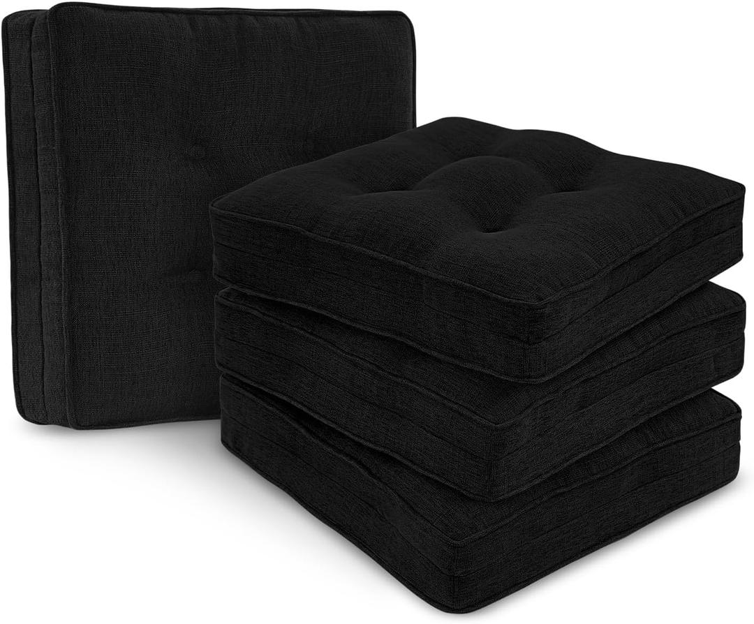 downluxe Chair Cushions for Dining Chairs with Ties, Non-Slip Memory Foam Kitchen Chair Cushions, Tufted Seat Cushions for Kitchen Chairs, Dual-Layer Chair Pads, 16.5 x 16.5 x 3, Set of 4, Black