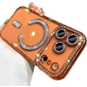 for iPhone 17 Pro Max Case Magnetic, [Compatible with MagSafe] Women Cute Clear Glitter Bling Diamond Rhinestone Sparkly Case Camera Lens Protectors Plating Cover 6.9'' 2025, Orange