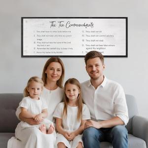 The Ten Commandments Rustic Bible Verse Framed Wall Sign For Family Living Room Kitchen Farmhouse Dining Room Vintage Boho Wall Art Decoration For God Jesus Christ Prayer, 40 x 15 Inch, Black