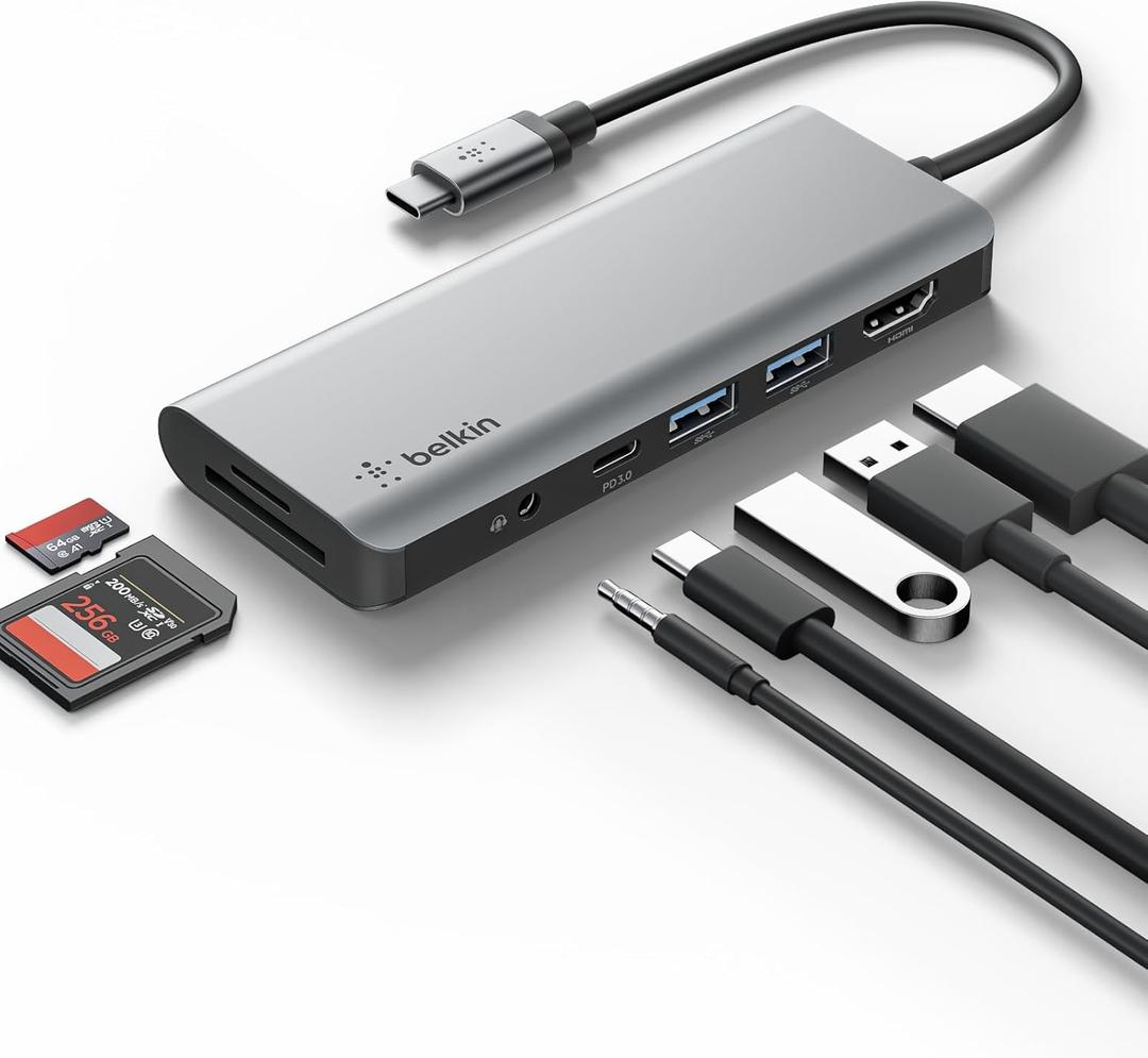 Belkin USB-C Hub, 7-in-1 MultiPort Docking Station for MacBook & Windows - 85W USB-C Power Delivery 3.0, 4K HDMI 1.4, 2x USB-A 3.0, SD 3.0, Micro SD 3.0, & 3.5mm Audio Jack, Gray