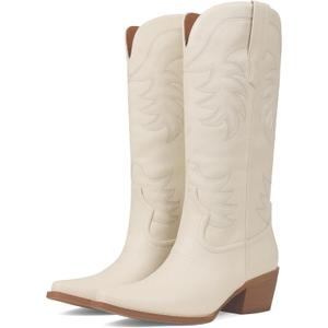 Erocalli Women's Mid-Calf Cowgirl Cowboy Boots Pull On Snip Toe Chunky Heel Western Boot (White)