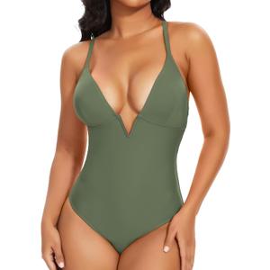 SHAPERIN Women's One Piece Swimsuit Deep V Neck Bathing Suits Tummy Control Push Up Padded Swimwear (Green, S)