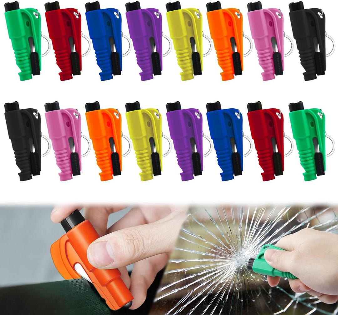 JINRUITOP 16Pcs Car Window Breaker Key Chains, Portable 3 in 1 Glass Breaker/Seat Belt Cutter/Survival Whistle, Safety Emergency Escape Tools, Multifunctional Car Accessories for All Vehicles