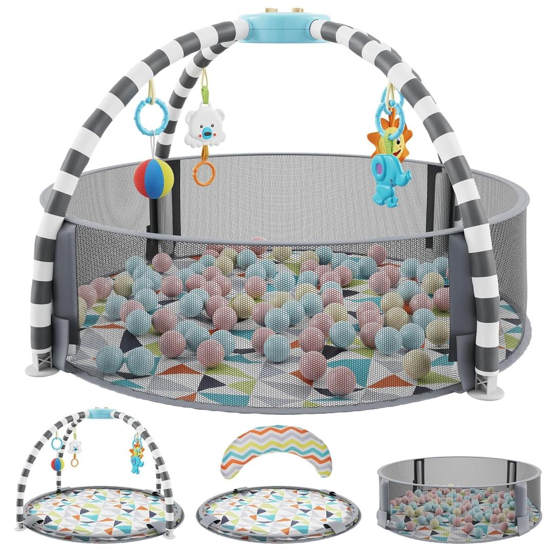 5 in 1 Baby Play Gym and Ball Pit -Playgym with 6 Toys, Balls, Tummy Pillow, Tummy Time Play Mat - Easy to Set Up Baby Activity Mat - Gym Ball Pit - Infant Playmats for Boy & Girls