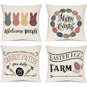 Ueerdand Easter Pillow Covers 16x16 Inch Set of 4 Farmhouse Bunny Decoration Egg Rabbit Decorative Pillow Cases for Sofa Couch