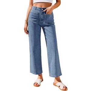 GRAPENT Wide Leg Jeans for Women High Waisted Straight Leg Stretchy Cropped Denim Pants with Pockets Jean Trousers (Medium, Classic Blue)