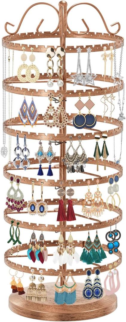 LASZOLA 6 Tier Bronze Earring Holder Organizer Tree Women Display Storage for Stud and Hoop, Large Cool Rotating Clip Stand for Pierced and Dangle Earring, Vertical Metal Tower Carousel with 480 Holes