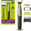 Philips Norelco OneBlade 360 Hybrid Blade for Face + Body, Electric Beard Trimmer, Shaver and Groomer, with 360 Blade Technology, 5in1 Adjustable Comb, 1x Body Kit, Model QP2834/70, Black/Lime Green