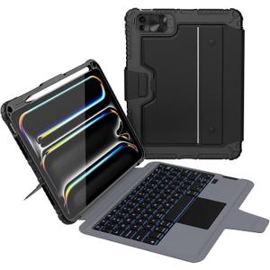 Nillkin iPad Pro 11 inch (M4, 2024) Case with Detachable Keyboard, Magic Trackpad, 7 Colors Backlit, Portrait/Landscape Modes, Rugged Keyboard Case with Camera Cover for iPad Pro 11 5th Gen, Black