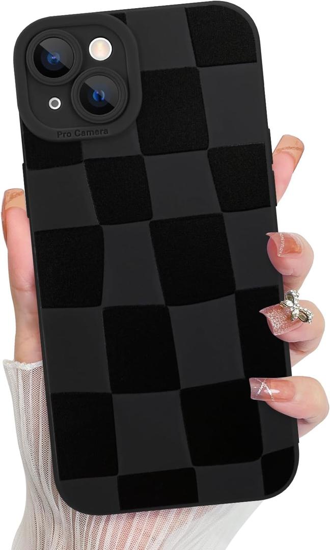 KANGHAR Compatible with iPhone 14 Case, Silicone Checkered Cute Pattern, Camera Protection Soft Slim Phone Case for Girls Women -Black