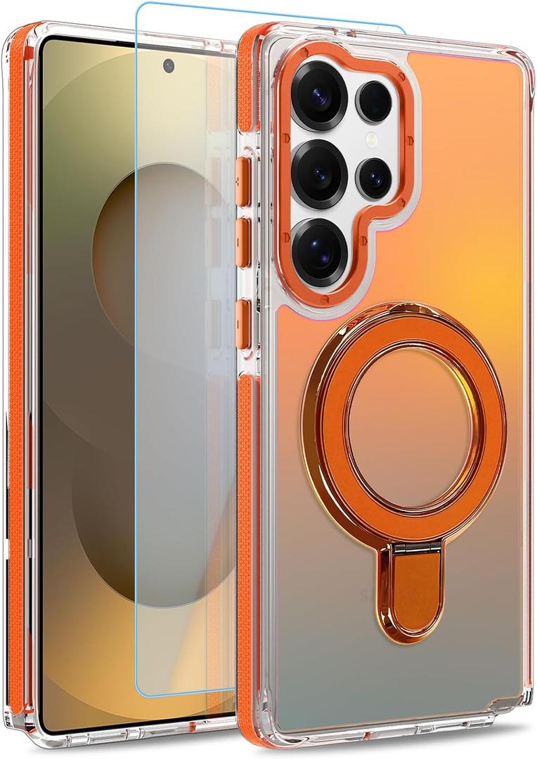 Magnetic Fit for Samsung Galaxy S25 Ultra Case with Stand, Orange | [Compatible with Magsafe] [Cute Fluorescent Design] [1 Screen Protector] Slim Translucent Matte Case for S25 Ultra 6.9"