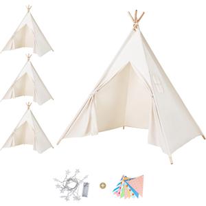 Sumbababy 4 Pack Teepee Tent for Kids Indoor Play Tent with Lights & Colorful Flags, Natural Canvas Sleepover Tents for Girls Party Washable & Foldable Slumber Party Tents