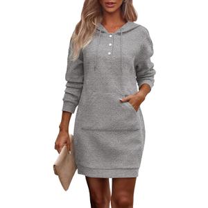 PRETTYGARDEN Womens Long Sleeve Hoodies Dress 2026 Fall Texture Button Oversized Sweatshirts Spring Dresses with Pockets (Gray, S)