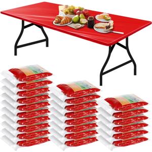 Boao 24 Pcs Summer Plastic Table Cloth Rectangle Picnic Table Covers Elastic Fitted Tablecloth, Disposable Waterproof for Camping, Indoor, Outdoor(Red,8 Ft, 96 x 30 Inch)