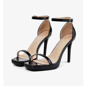Women Strappy High Heeled Sandals,4.3-Inch Stiletto Open Square Toe Heels with Ankle Strap at Wedding Bride Prom Date Work Church Dressy Size 8, Black