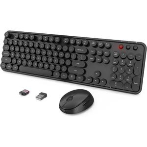 Wireless Keyboard and Mouse Combo, Ergonomic Full Size Typewriter Retro Round Keycaps Keyboard, Compatible with Windows, PC, Perfer for Home and Office Keyboards (Black