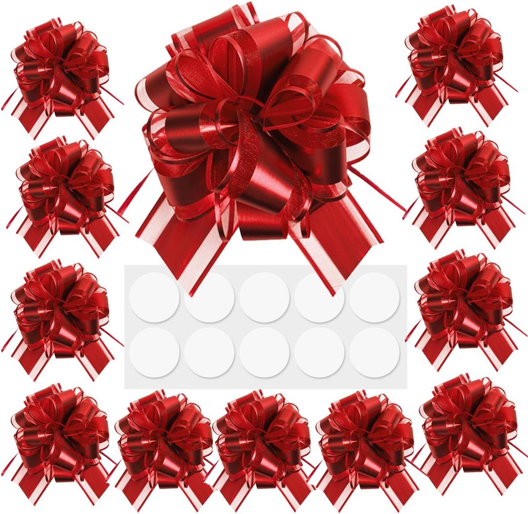 Pull Bows for Gift Wrapping: 12 Pcs 6-Inch Large Waterproof Red Ribbon Bows - Birthday Easter Presents Basket Accessories & Outdoor Holiday Decorations