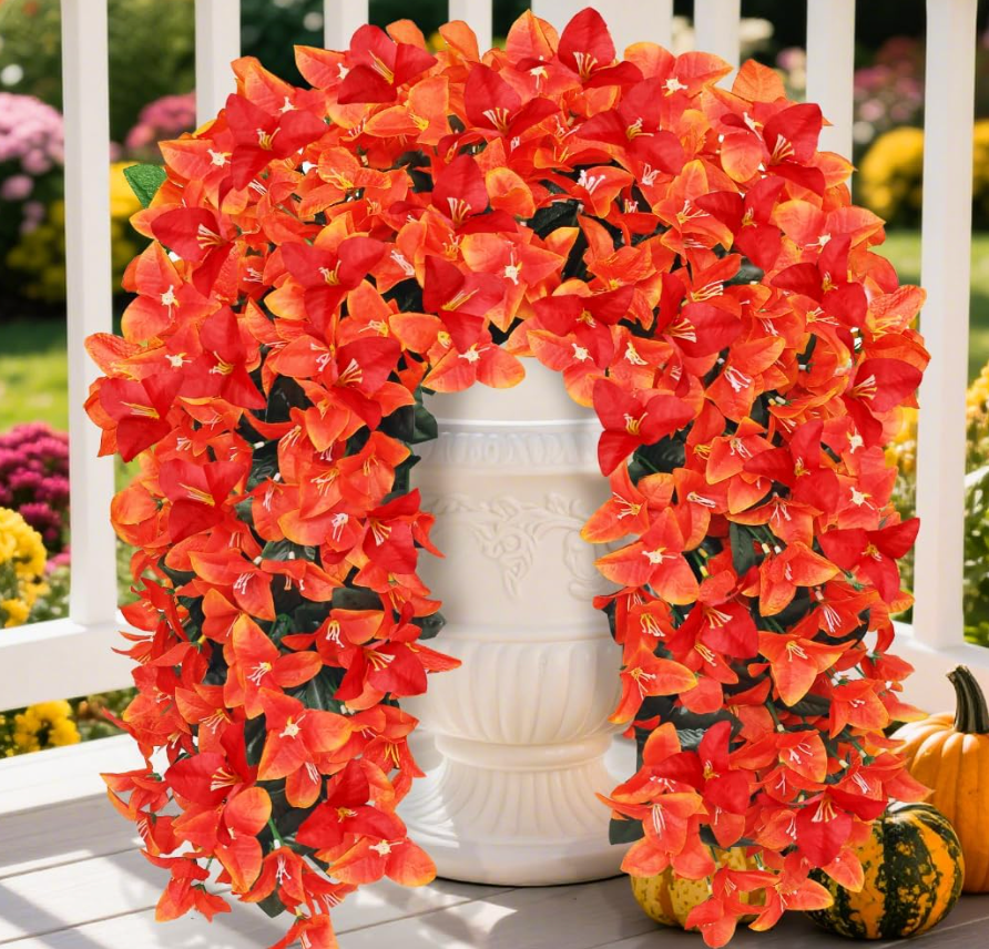 Faux Bougainvillea Artificial Fall Flowers for Outdoors, 2 Pcs Fake Fall Flowers Artificial for Decoration, Artificial Hanging Flowers UV Resistant Silk Flowers for Outside Planter Porch Patio