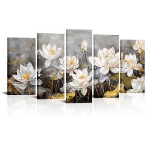 Derkymo Large Lotus Flower Canvas Wall Art Gray and Gold Painting Prints Elegant Floral Picture for Living Room (L:60 H:32)