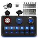 6 Gang Marine Switch Panel Boat Switch Panel Waterproof 12V Rocker Switch Panel Blue LED Lighted with USB Cigarette Lighter Socket Voltmeter