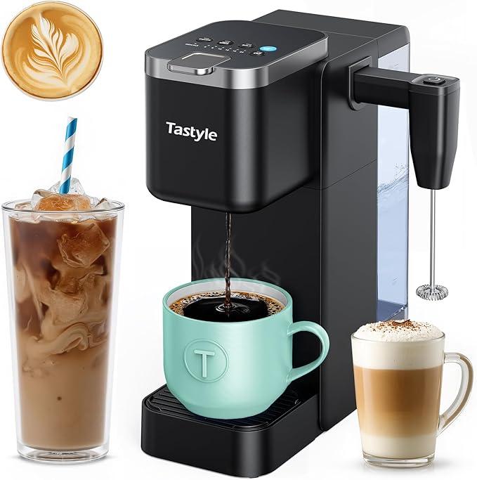 Tastyle Single Serve Coffee Maker with Built-in Detachable Milk Frother, Iced and Hot Coffee Machine for K Cup & Grounds, 40oz Removable Water Reservoir, 6 Cup Sizes, Fits 7.3" Travel Mug, Black Tastyle Single Serve Coffee Maker with Built-in Detachable Milk Frother, Iced and Hot Coffee Machine for K Cup & Grounds, 40oz Removable Water Reservoir, 6 Cup Sizes, Fits 7.3" Travel Mug, Black