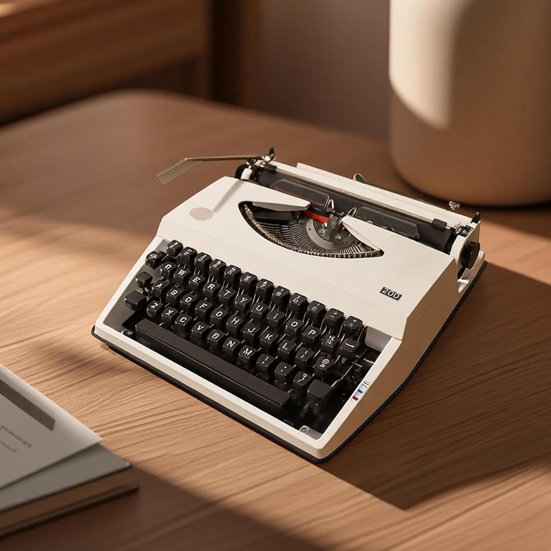 White Vintage-Style Manual Typewriter with Carrying Case, 2 Ink Ribbons & 100 Kraft Sheets, Retro Mechanical Writing Machine, Desk Decor for Home Office & Study