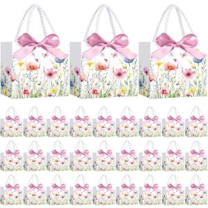 Moinchore 30 Pcs Wildflower Paper Gift Bags Bulk 5.5 x 4.7 x 2.5 in Mini Floral Favor Bags with Handles Bow Ribbon Wrap for Spring Summer Birthday Wedding Home Bridal Shower Garden Supplies (White and Pink)