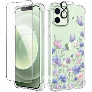 GVIEWIN for iPhone 12&iPhone 12 Pro Case Floral, with Screen Protector&Camera Lens Protector,[Non Yellowing] Soft Shockproof Clear Phone Protective Cover for Women, Flower Pattern 6.1"(Bloomwing/Blue)