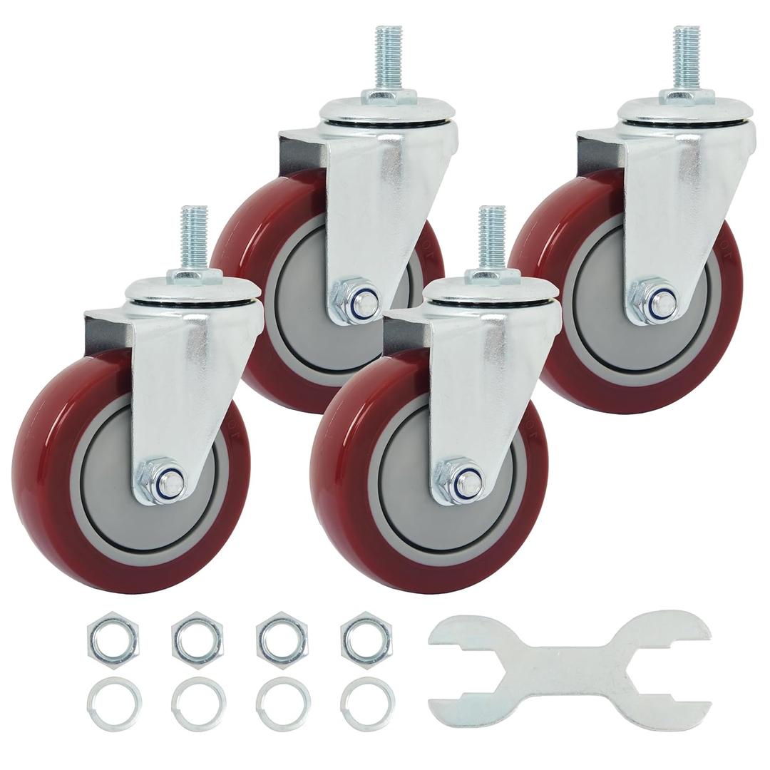 Finnhomy Swivel Caster Wheels 4 Inch Threaded Stem Casters Set of 4 Heavy Duty 1/2"-13 x 1 Anti-wear Polyurethane Industrial Castor Wheels for Cart/Furniture Load Bearing 2200 Lbs Smooth Casters Red