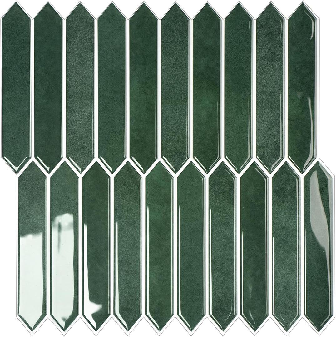 10-Sheet Peel and Stick Backsplash Tile, Self-Adhesive Green Long Hexagon Wall Tiles, Stick on Backsplash for Kitchen, Bathroom, Fireplace, RV, Thicker Design(12"12").