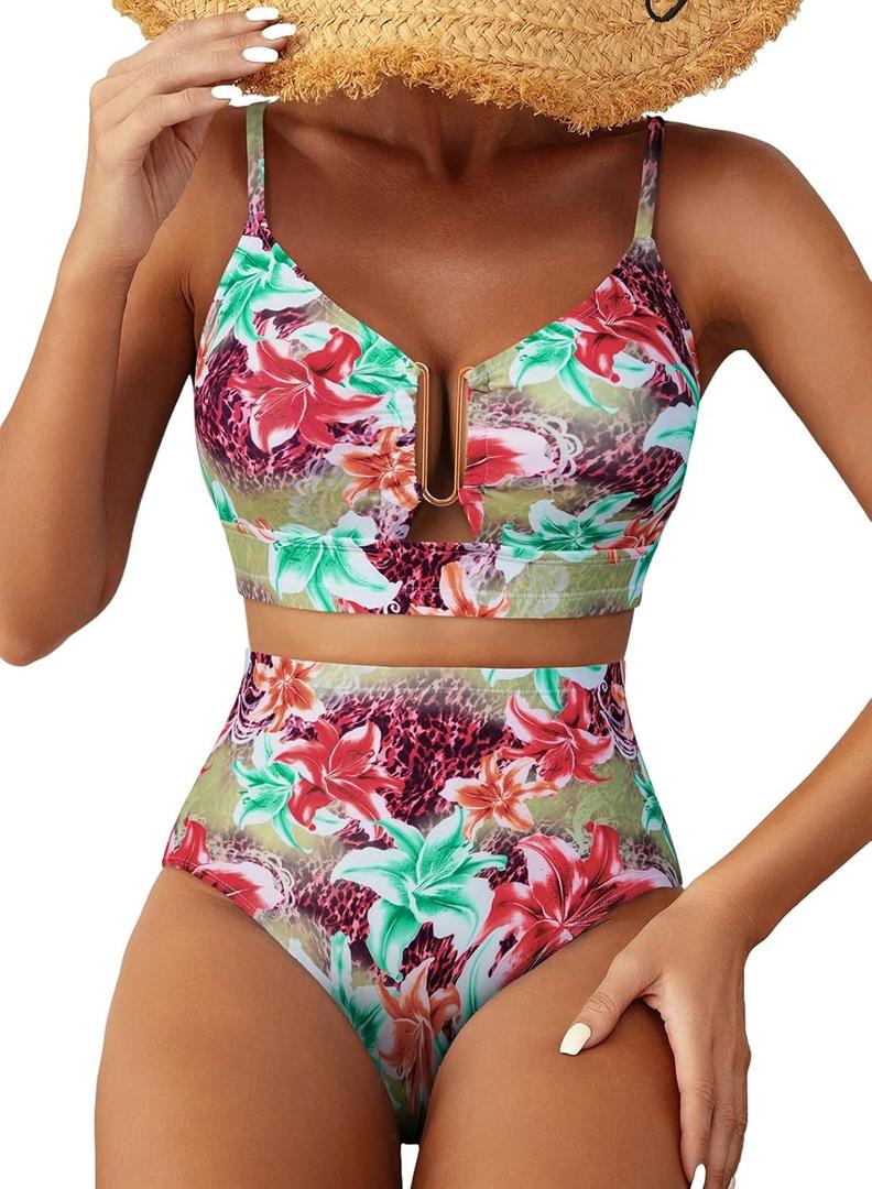 Herseas Womens 2 Piece High Waisted U Wire Bikini Set Floral Print Swimsuit Crisscross Back Bathing Suit Beach Swimwear (XX-Large, Green Pink Lily)