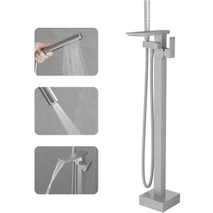 RUMOSE Brushed Nickel Bathtub Filler Freestanding Tub Filler Floor Mount Tub Faucet Waterfall Bathtub Faucet with CUPC Certified High Flow Brass Bath Shower Faucets with Handheld Sprayer