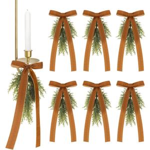 Chuangdi 6 Pcs Christmas Teardrop Swag with Velvet Bow for Wall Candle Sconce Cypress Swag Wreath Brown Bow Decor Artificial Greenery Cedar Ornaments for Christmas Xmas Wall Cabinet Chandelier Decor