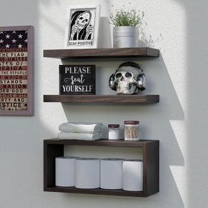 RICHER HOUSE Floating Shelves Set of 3, Modern Bathroom Shelves Wall Mounted Shelves with Invisible Brackets Over Toilet, Rustic Wall Shelves for Bathroom Bedroom, Living Room, Kitchen - Walnut
