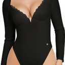 Popilush Long Sleeve Bodysuit for Women Lace Shapewear Body Suits Deep V Tummy Control Corset Trendy Going Out Tops (Black, M)