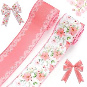 2 Rolls Spring Ribbon Linen Pink Flower Wedding Decor Ribbons Flower Watercolor Floral Wired Pink Ribbons for Spring Party Gift Wrapping Home Decoration Craft Supplies 2.5 Inch x 10 Yards