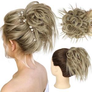 HMD Tousled Updo Messy Bun Hairpiece - Synthetic Hair Extensions with Elastic Rubber Band - Scrunchies & Ponytail Hairpieces for Women (Light Ash Brown mix Ash Blonde(85/18T))