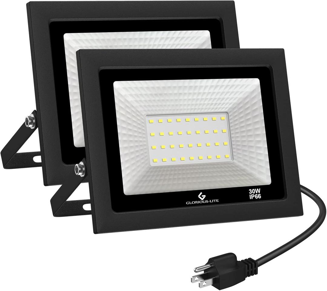 GLORIOUS-LITE LED Flood Lights Outdoor, 100W 10000LM Outside LED Work Light with Plug, 6000K Daylight White, IP66 Waterproof Portable Spot Security Lights for Garage, Yard, Garden, Playground(2 Pack)