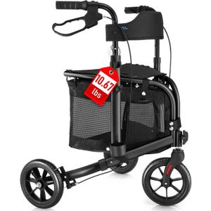 WALK MATE 3 Wheel Rollator Walker with Seat for Slim Seniors, Padded Backrest Lightweight Foldable Travel Walker Ideal for Elderly, 8 Inch Tri-Wheel Modern Mobility Walking Aid Aluminum, Black