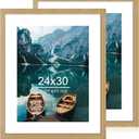 24x30 Frame Set of 2, Natural Oak Wood Style - Display 18x24 Picture Frame with Mat or 24 x 30 Poster without Mat, Wall Mounting Horizontal and Vertical