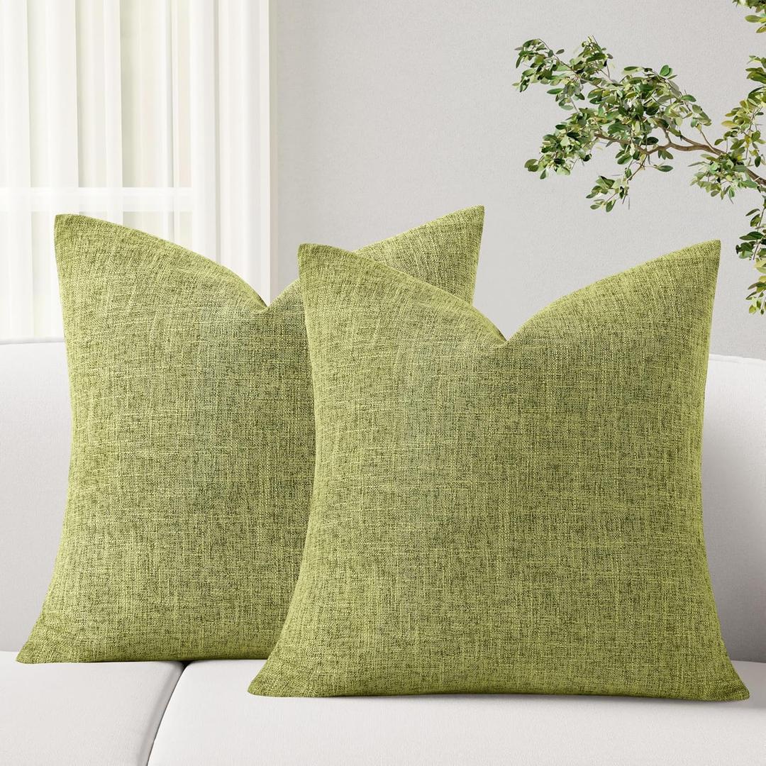 Hiasan Pack of 2 Decorative Textured Linen Throw Pillow Covers Soft Accent Solid Cushion Covers Boho Farmhouse Pillow Cases for Couch Sofa Bedroom Living Room Home Decor, 20 x 20 Inches, Olive Green