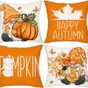 Gnomes Pumpkin Happy Fall Throw Pillow Covers 20x20 Set of 4 Burnt Orange Rust Modern Farmhouse Happy Autumn Maple Leaf Decorations for Sofa Couch Porch Bed Living Room