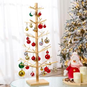 Roowest 29.53 Inch Christmas Tree Ornament Stand Holder with Arms Wooden Christmas Crafts Tree Shaped Ornament Display Stand for Counter Desktop Xmas Holiday Party(Fixed Style)
