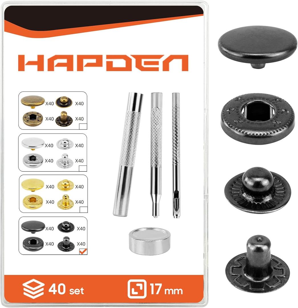 Leather Snaps and Fasteners Kit17mm 40 Sets Metal Snap Buttons with Setter Tools Sewing Snaps for ClothingFabricLeather, Clothes, Jackets, Bags, DIY Crafting Black Snaps