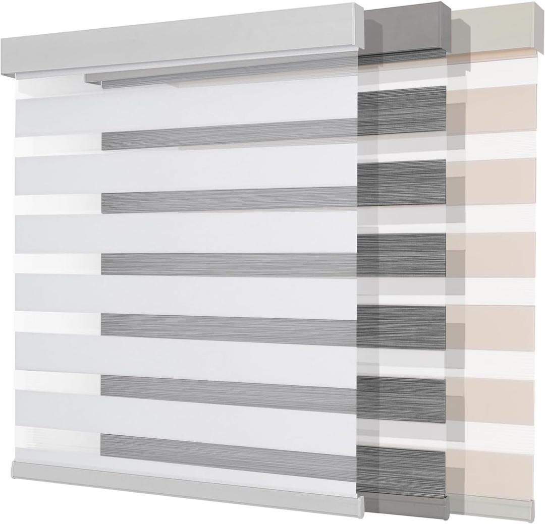 Joydeco Cordless Zebra Blinds (Pro), Dual Layer Light Control Zebra Blinds for Windows, Light-Proof Aluminum Cover, Free-Stop Roller Shades for Home & Office (White,28" W x 75" H)
