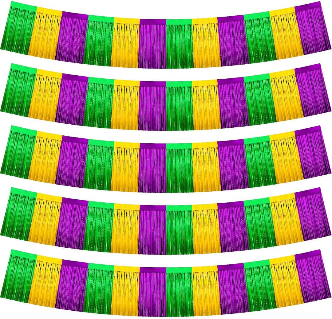 4 Pack 20 Feet Mardi Gras Foil Fringe Garland Green Yellow Purple Parade Float Decorations Metallic Tinsel Foil Streamers Curtain Photo Background for Mardi Gras Carnival Wedding Birthday Party