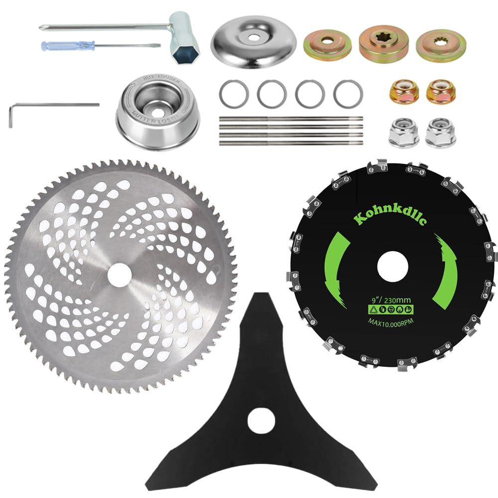 10" x 3T Carbon Steel Brush Cutter Blades + 10" 80T Carbide Tip weedeater Blades + 9" x 20 Teeth Chainsaw Tooth Blade Kit for weedeater with 2 Set Universal Adapter Kit and 4 Round Files